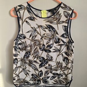 J. Crew Ladies Size 6 Leaf-Print Breathable Top 100% Cotton Navy Blue Tan